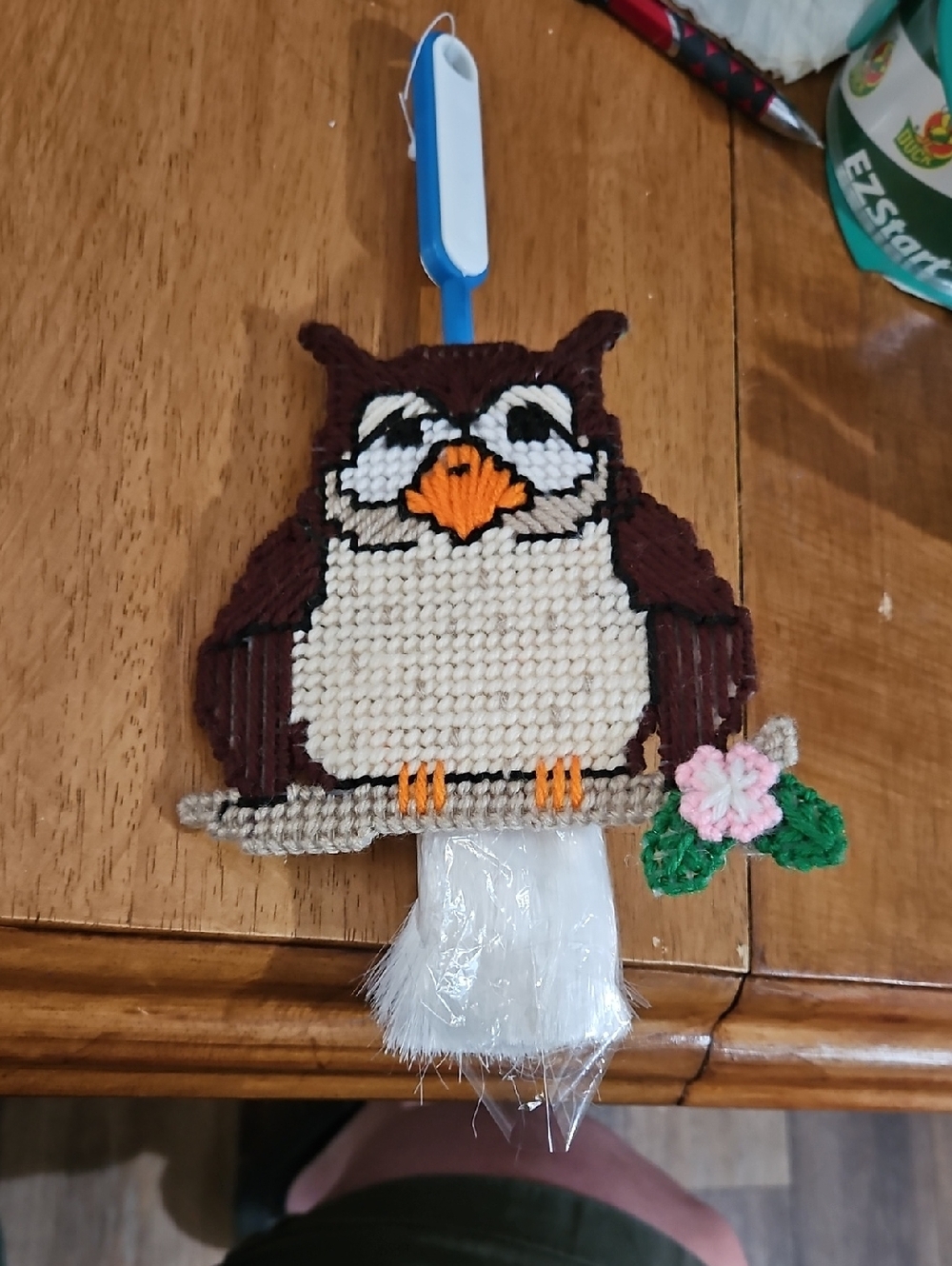 Handmade Brown and Cream Owl Duster Cover With Duster And Pink Flower Accent